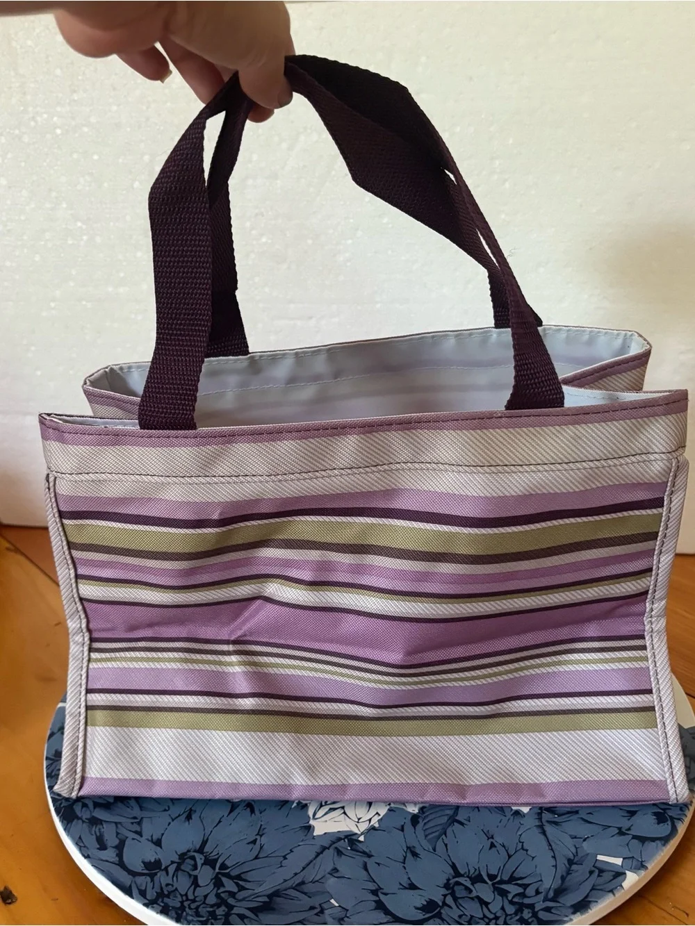 Thirty-One Small All In One Organizer Mini Utility Tote Purple Stripe